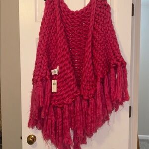 Chunky Knit Pink Sweater Shaw with Fringe